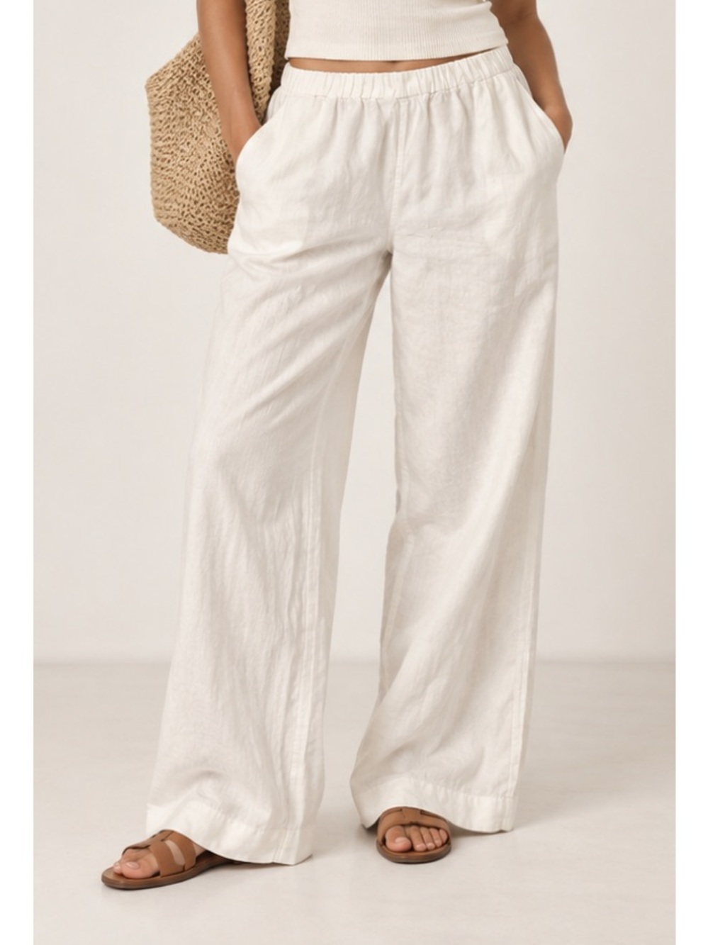 Eileen Fisher White Organic Linen Wide-Leg Resort Old Money Quiet Luxury Pants L
